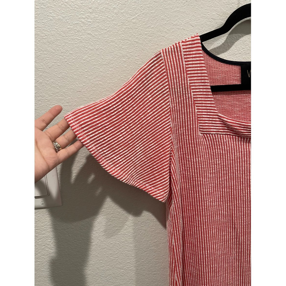 W5 Red White Stripe Short Flutter Square Neck Blo… - image 4